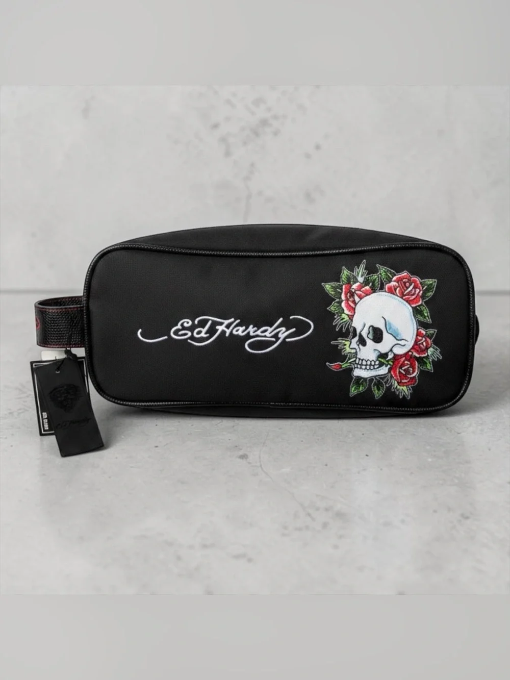 Ed Hardy Black Dopp Case with Red Rose & Skull Patch NWT
